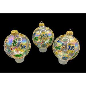 Set of 3 U. T. Clear Blown Glass 4” Gold Glittered Holiday Christmas Ornaments
